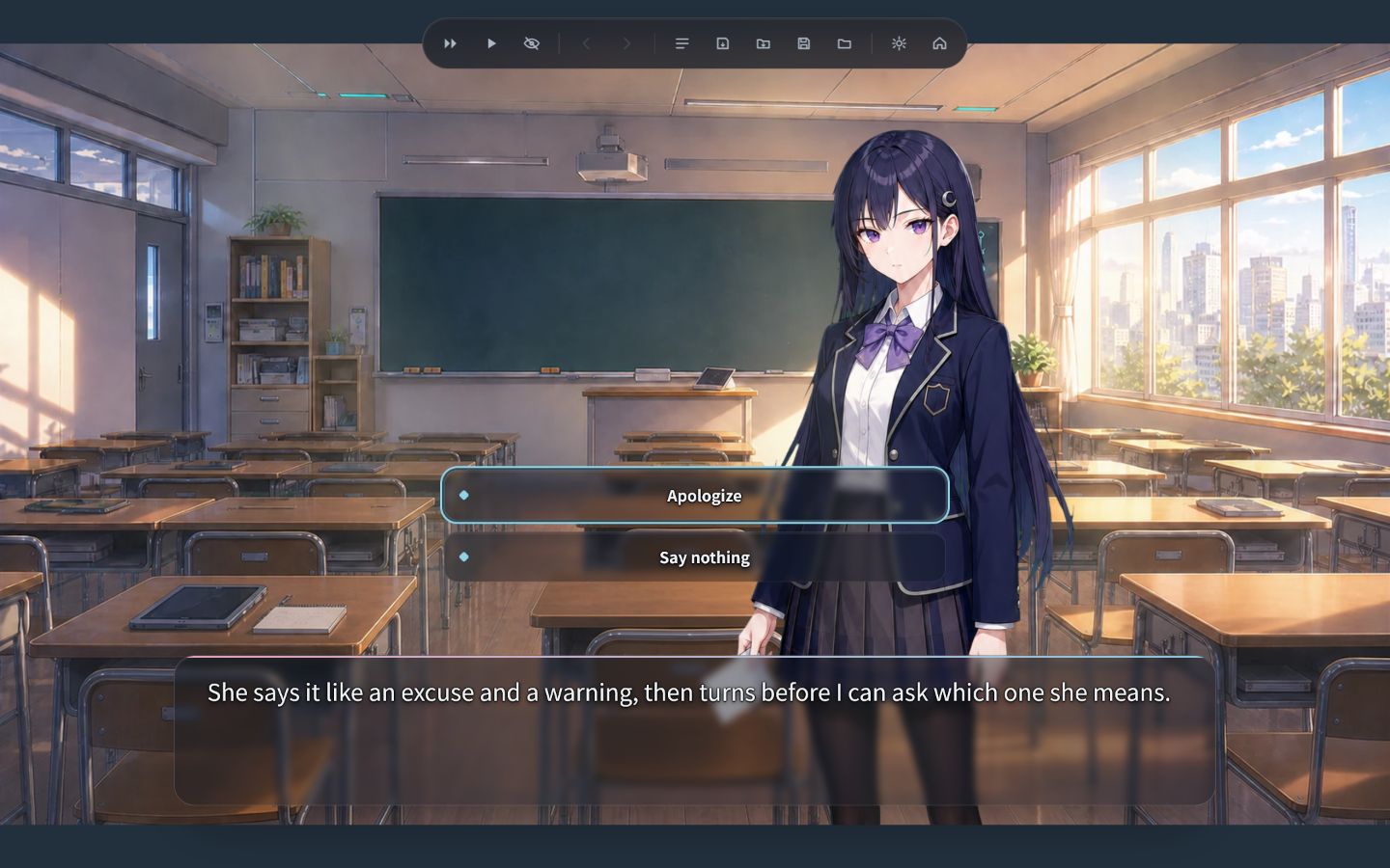 Morning Glass running in the current Aikotoba player, with Aya beside a two-option choice in a sunlit classroom